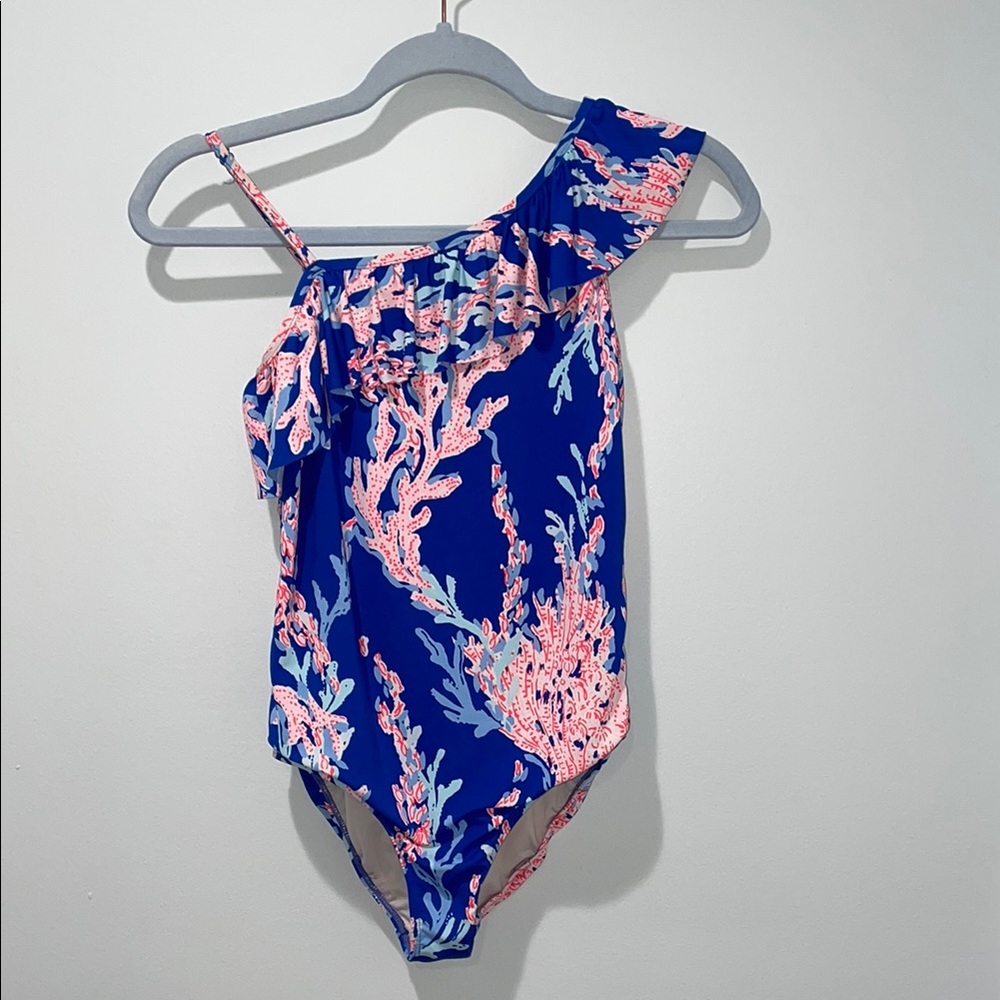 Kids Swim One-Shoulder Blue and Pink Swimsuit